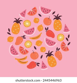 Summer greeting card with watermelon, pineapple, orange, banana, mango, lemon, leaves on pink background. Circle ornament. Perfect for seasonal holidays