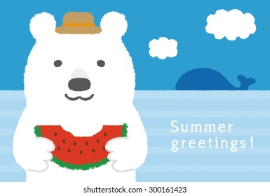 Summer greeting card / Watermelon and sea and white bear