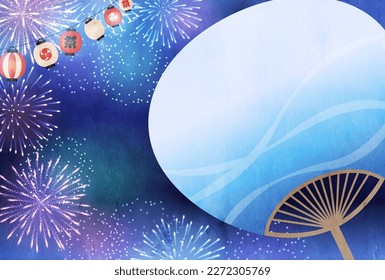 Summer greeting cards with fireworks, lanterns and fans.