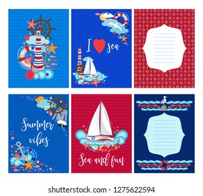 Summer greeting cards marine set, nautical pattern, corner designs, postcard templates, maritime compositions with ship, seagull, lighthouse, anchor, for banner, invitation, scrapbook, blue and red.