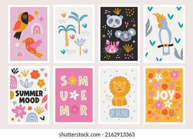 Summer greeting cards with parrot, toucan, rainbow, panda, koala, tiger, leaves, tropical flowers, lion, palm trees. Perfect for seasonal holidays. Vector kids illustration