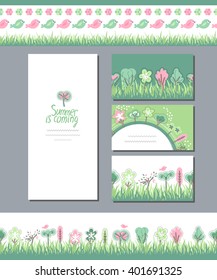 Summer greeting cards. Phrase Summer is coming. Blossoming trees and flowers. Endless horizontal pattern brush. Template for your design, festive greeting cards,  announcements, posters.