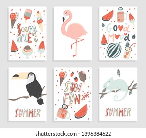 Summer greeting cards and posters collection. Fun elements, hand drawn lettering. Sale banners, wallpaper, flyers, invitation, posters, brochure, voucher discount, ticket design
