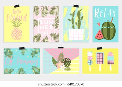 Summer greeting cards and posters with fun elements, hand drawn lettering and textures. Great for sale banners,Wallpaper, flyers, invitation, posters, brochure, voucher discount.