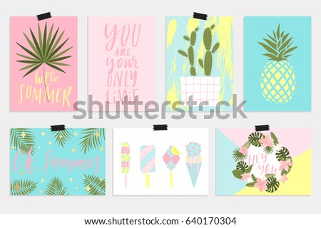 Summer greeting cards and posters with fun elements, hand drawn lettering and textures. Great for sale banners,Wallpaper, flyers, invitation, posters, brochure, voucher discount.