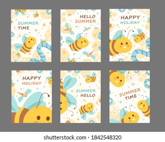 Summer greeting cards set. Cute cartoon bee, dragonfly, worm vector illustrations with hello summer or happy holidays text. Template for flyers or posters