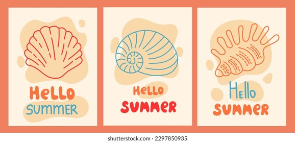 Summer greeting cards set with seashells. Doodle style pastel colored posters and banners collection with seasonal greetings and handwritten lettering. Vector illustration