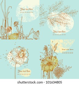 Summer greeting cards with wild flowers and tree branch. A set of cards. Vector.