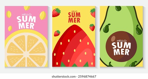 Summer greeting clipart banner poster set. spring tropical leaves with orange,strawberry, avocado, collection summer or spring poster in colorful abstract background