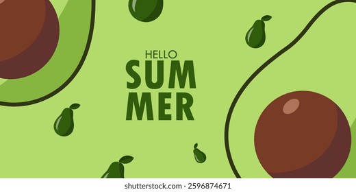 Summer greeting clipart banner poster set. spring tropical leaves with orange,strawberry, avocado, collection summer or spring poster in colorful abstract background
