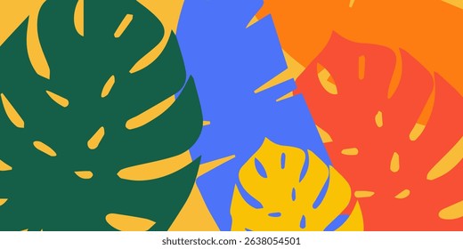 Summer greeting clipart banner poster set. spring tropical leaves with orange,strawberry, avocado, collection summer or spring poster in colorful abstract background	