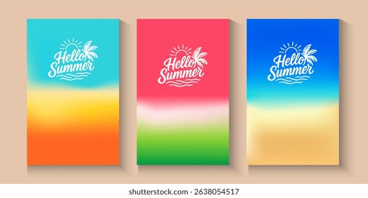 Summer greeting clipart banner poster set. spring tropical leaves with orange,strawberry, avocado, collection summer or spring poster in colorful abstract background	