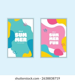 Summer greeting clipart poster set. Summer tropical leaves clip art in colorful abstract background collection for seasonal greeting card