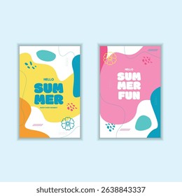 Summer greeting clipart poster set. Summer tropical leaves clip art in colorful abstract background collection for seasonal greeting card