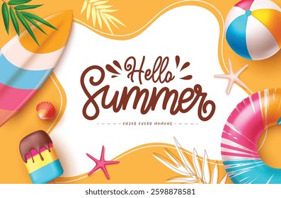 Summer greeting design. Hello summer text with summer vector elements on yellow abstract background. Vector illustration.
