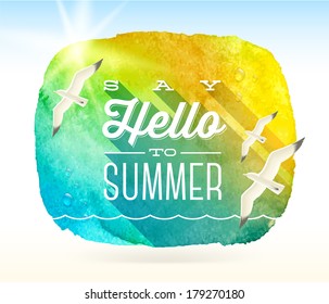 Summer greeting and flying seagulls against a watercolor background banner - vector illustration