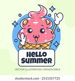 Summer greeting with ice cream kawaii character vector illustration