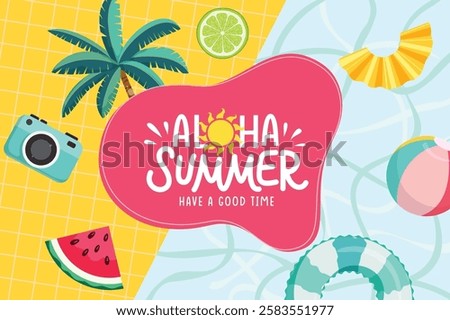 Summer greeting template clipart design. Aloha summer text with palm tree, floaters, beachball, camera and watermelon clip art beach elements in abstract background vector illustration. 