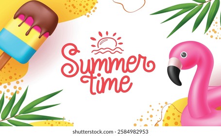 Summer greeting text, abstract background, summer seasonal collection with flamingo, Popsicle and palm Leaves. Banner with summer elements, Summer Background, Vector illustration.