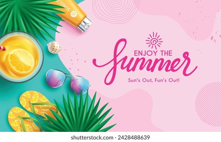 Summer greeting text vector background design. Summer text in pink space with juice drink, palm leaf, flipflop and sunglasses beach elements for tropical season template. Vector illustration summer 