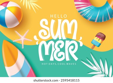 Summer greeting text with summer vector elements in yellow and green abstract background, Hello summer greeting text with summer vector elements, Vector illustration.