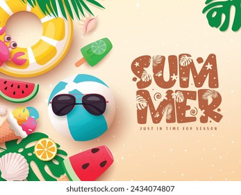 Summer greeting text vector template design. Summer text greeting with beachball, floaters, sunglasses and ice cream in sand seashore background. Vector illustration summer tropical season design.
