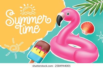 Summer greeting, Summer time, abstract, summer seasonal collection, floaters, Popsicle, banner, flamingo and palm Leaves. Banner with collage elements, Vector illustration for promotion