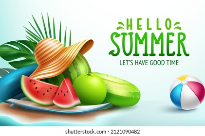 Diseño de fondo vectorial de saludo de verano. Hola texto de verano en isla en miniatura con elementos de temporada tropical de frutas y hojas para divertirse y relajarse vacaciones. Ilustración vectorial.
