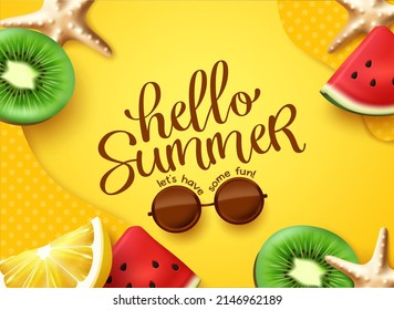 Summer greeting vector background design. Hello summer text in yellow space with watermelon, kiwi and lemon tropical fruits element for fun and enjoy holiday season. Vector illustration.
