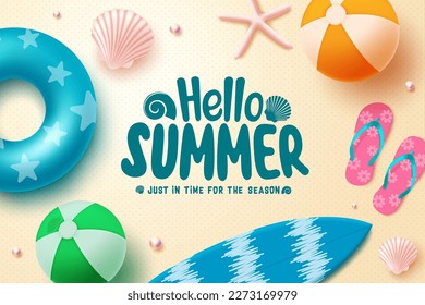 Summer greeting vector background. Hello summer text with beach floater, surfboard, and beach ball element. Vector illustration summer greeting.
