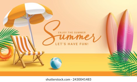 Summer greeting vector banner design. Summer greeting text in yellow space with umbrella, chair, surfboard and floaters beach elements for tropical product promotion background. Vector illustration 