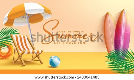 Summer greeting vector banner design. Summer greeting text in yellow space with umbrella, chair, surfboard and floaters beach elements for tropical product promotion background. Vector illustration 