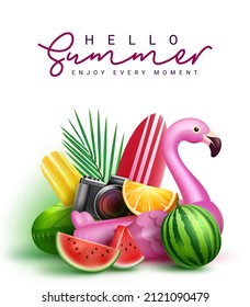 Diseño vectorial de saludo de verano. Hola texto de tipografía de verano con elementos de vacaciones tropicales de frutas y flotadores en fondo blanco para tarjeta de mensajes de vacaciones de vacaciones. Ilustración vectorial.
