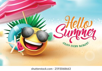 Summer greeting vector design. Hello summer text in beach background with emoji character, umbrella and floater elements  for sunny tropical season. Vector illustration.
