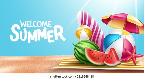 Summer greeting vector design. Welcome summer text in sand beach background with tropical season objects for holiday vacation outdoor picnic. Vector illustration.
