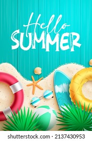 Summer greeting vector poster design. Hello summer text in wood texture with sand, floaters and leaves elements for relax and fun tropical season design. Vector illustration.
