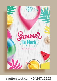 Summer greeting vector poster design. Summer is here text with beach elements for holiday travel, trip and vacation invitation postcard in wooden template. Vector illustration summer greeting poster.
