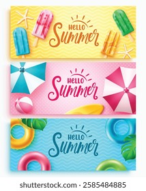 Summer greeting vector set design. Hello summer text colorful collection with popsicle, umbrella and floater elements for tropical season banner decoration. Vector illustration.
