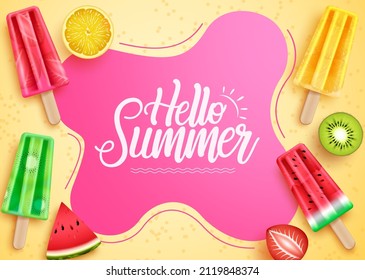 Summer greeting vector template design. Hello summer text in beach sand with popsicles dessert and fruits elements for relax and enjoy tropical holiday messages. Vector illustration.
