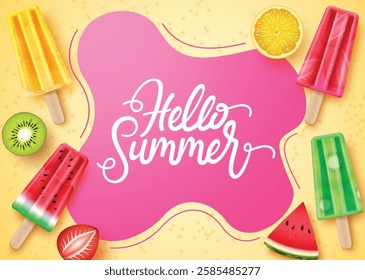 Summer greeting vector template design. Hello summer text in beach sand with popsicles dessert and fruits elements for relax and enjoy tropical holiday messages. Vector illustration.
