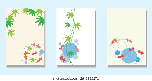 Summer greetings, frame design, waterside and goldfish, seasonal greetings design set. Vector illustration.	