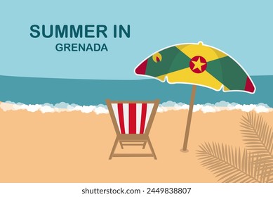 Summer in Grenada, beach chair and umbrella, vacation or holiday in Grenada, vacation concept vector design, summer holiday, sea sand sun, travel and tourism idea