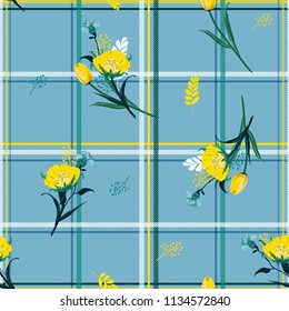 Summer Grid check background on top with beautiful blowing tulip leaves and garden flowers seamless pattern vector for fashion,fabric,and all prints on bright blue background
