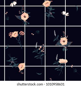 Summer grid seamless pattern spring branch delicate and beautiful wild blooming flowers vector pattern with dark blue check or grid check for fashion ,wallpaper ,book ETC on navy blue