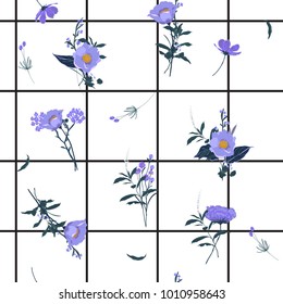 Summer grid seamless pattern spring branch delicate and beautiful wild blooming flowers vector pattern with bright check or grid check for fashion ,wallpaper ,book ETC on white