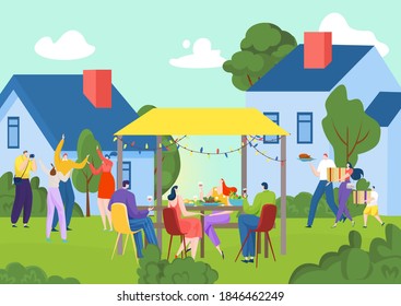 Summer Grill Party In Garden Nature, Vector Illustration. Happy People Drink, Eat Barbecue Food Meat Outdoors. Young Man Woman Have Fun At House Backyard, Cartoon Family Picnic Concept.