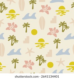 Summer groovy boho minimal organic shapes seamless pattern. Cute pastel colored surfing background