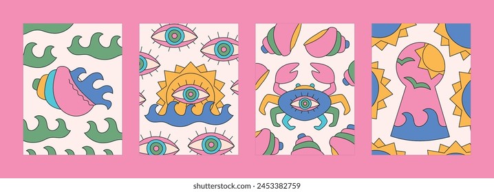 Conjunto de tarjetas de dibujos animados brillante de verano. Trippy diseños simples coloridos para estampados de camisetas, carteles, artes de pared.