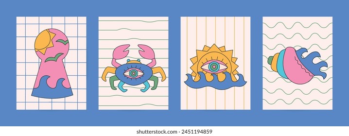 Summer groovy cartoon cards set. Trippy bright designs for t-shirt prints, posters, wall arts.