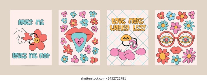 Summer groovy cartoon cards set. Trippy bright designs for t-shirt prints, posters, wall arts with witty text, quote about love.